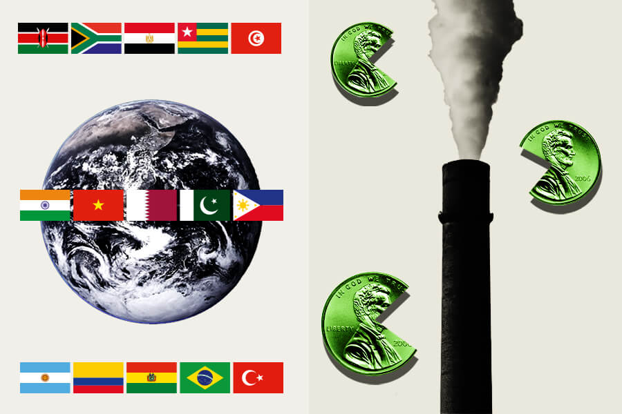 Flags of developing countries over a picture of the Earth on one side and pennies cut to look like Pacmen surround a smokestack on the other.