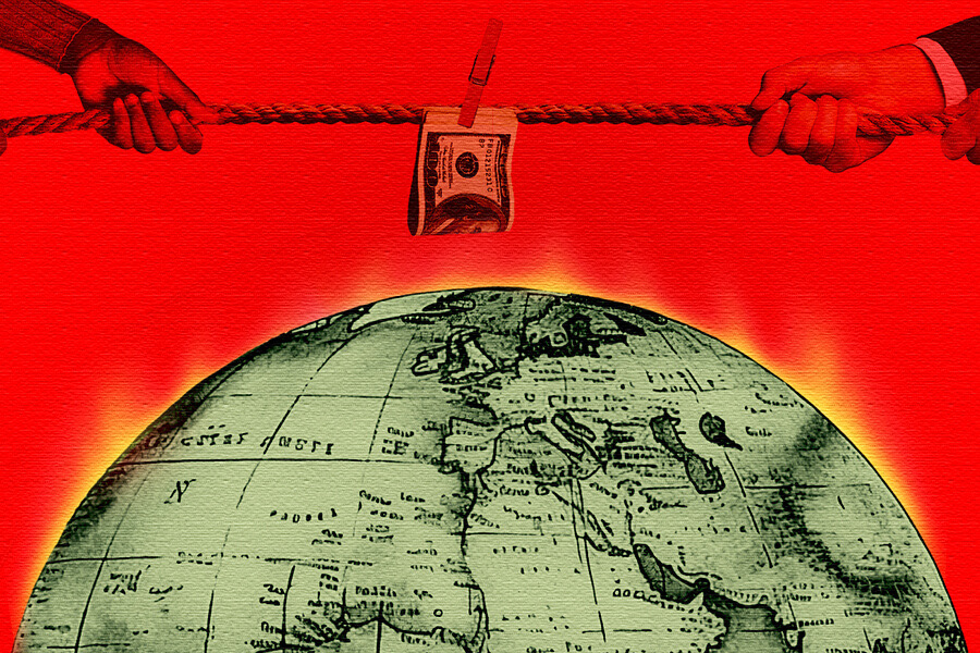 Graphic depicting a tug of war over money above a heating globe