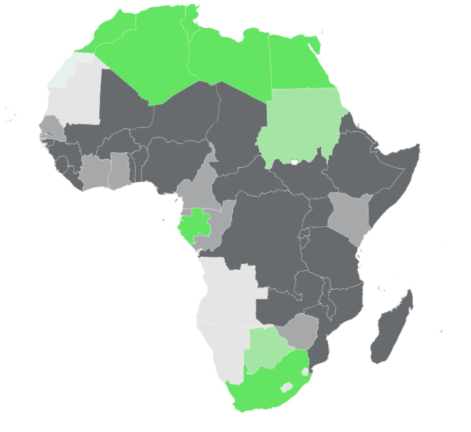 A map of Africa with countries in different colors based on their level of access to clean cooking