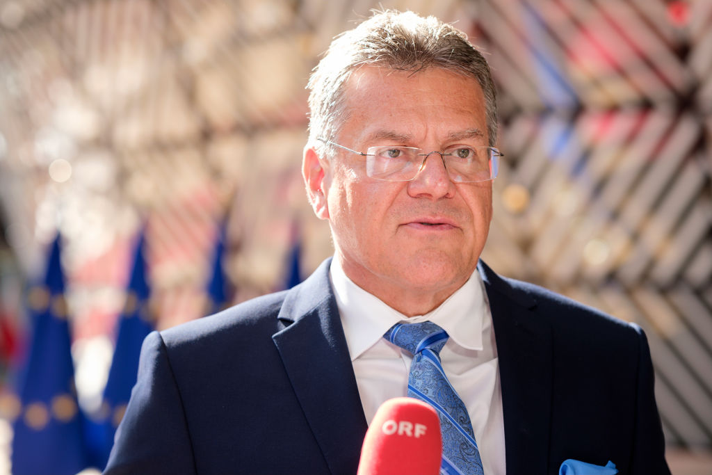 Man wearing a suit talks into a red microphone with European Union flags blurred in the background.