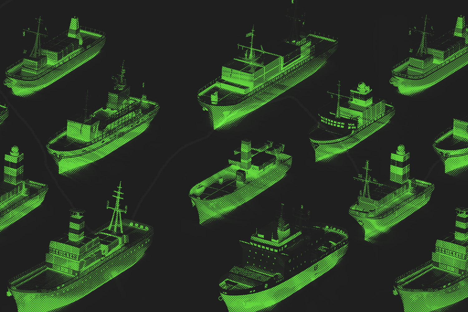 Green cargo ships on a black background.