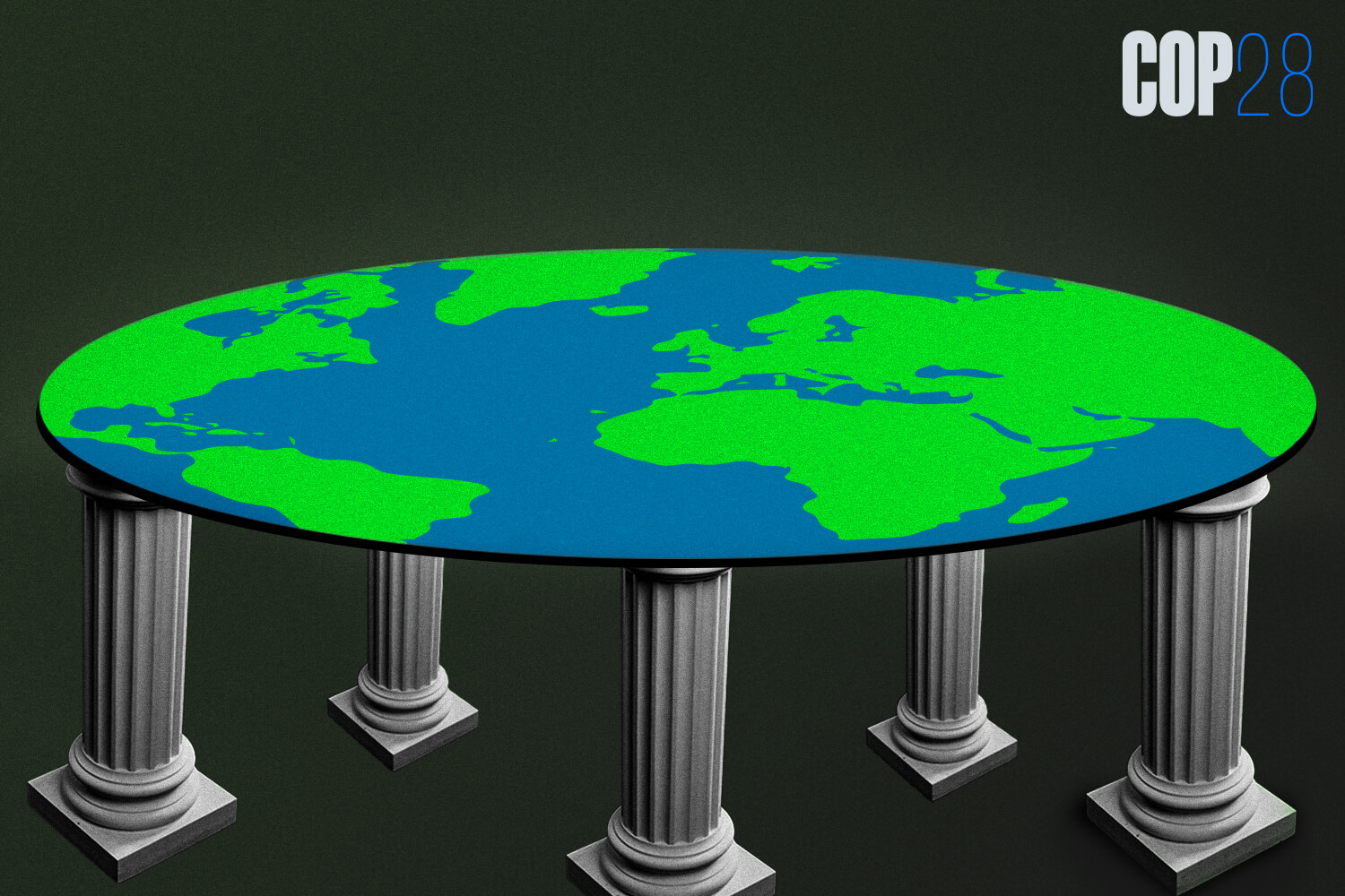 White pillars hold up the Earth, symbolizing international banking.