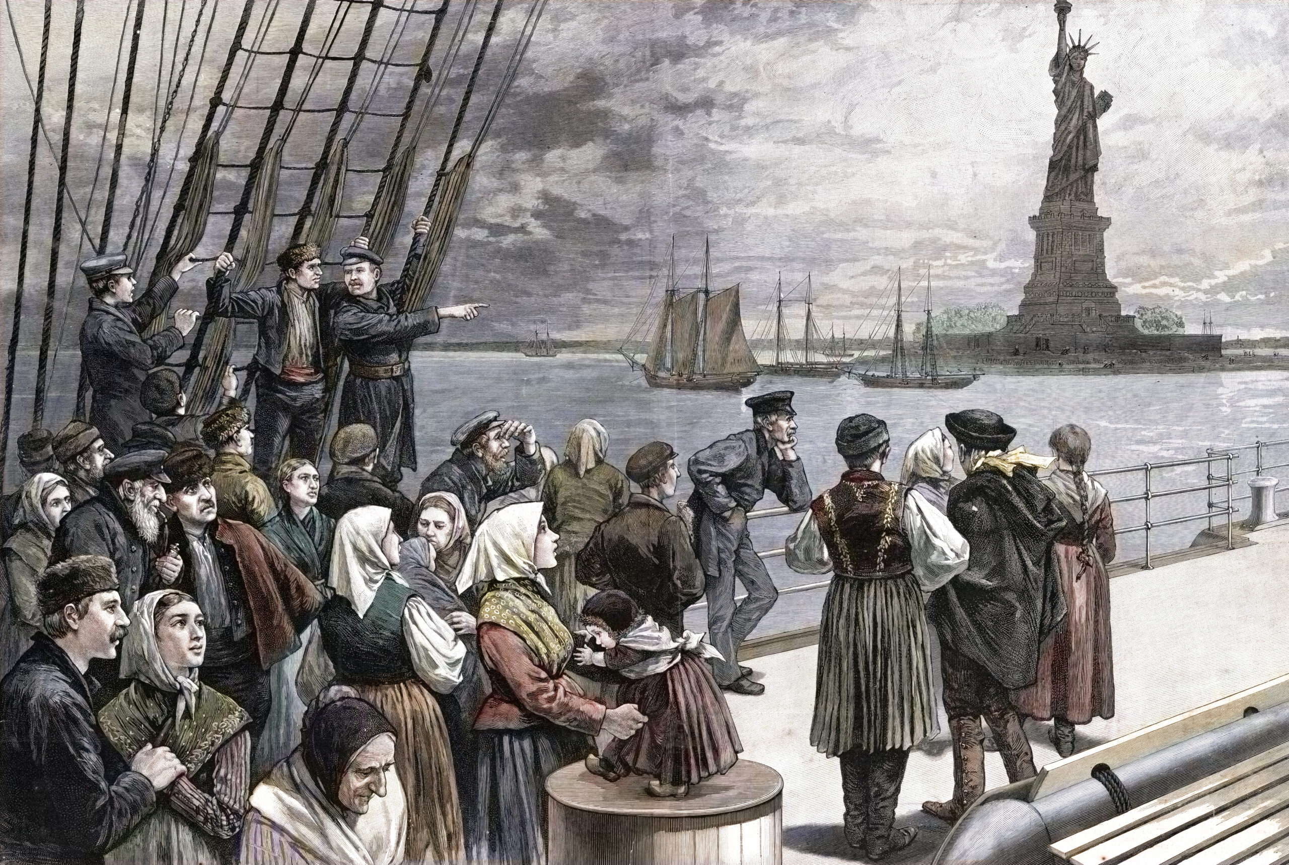 Engraving of immigrants arriving in New York harbor in the 1800s, people on a ship with the statue of liberty in the background.