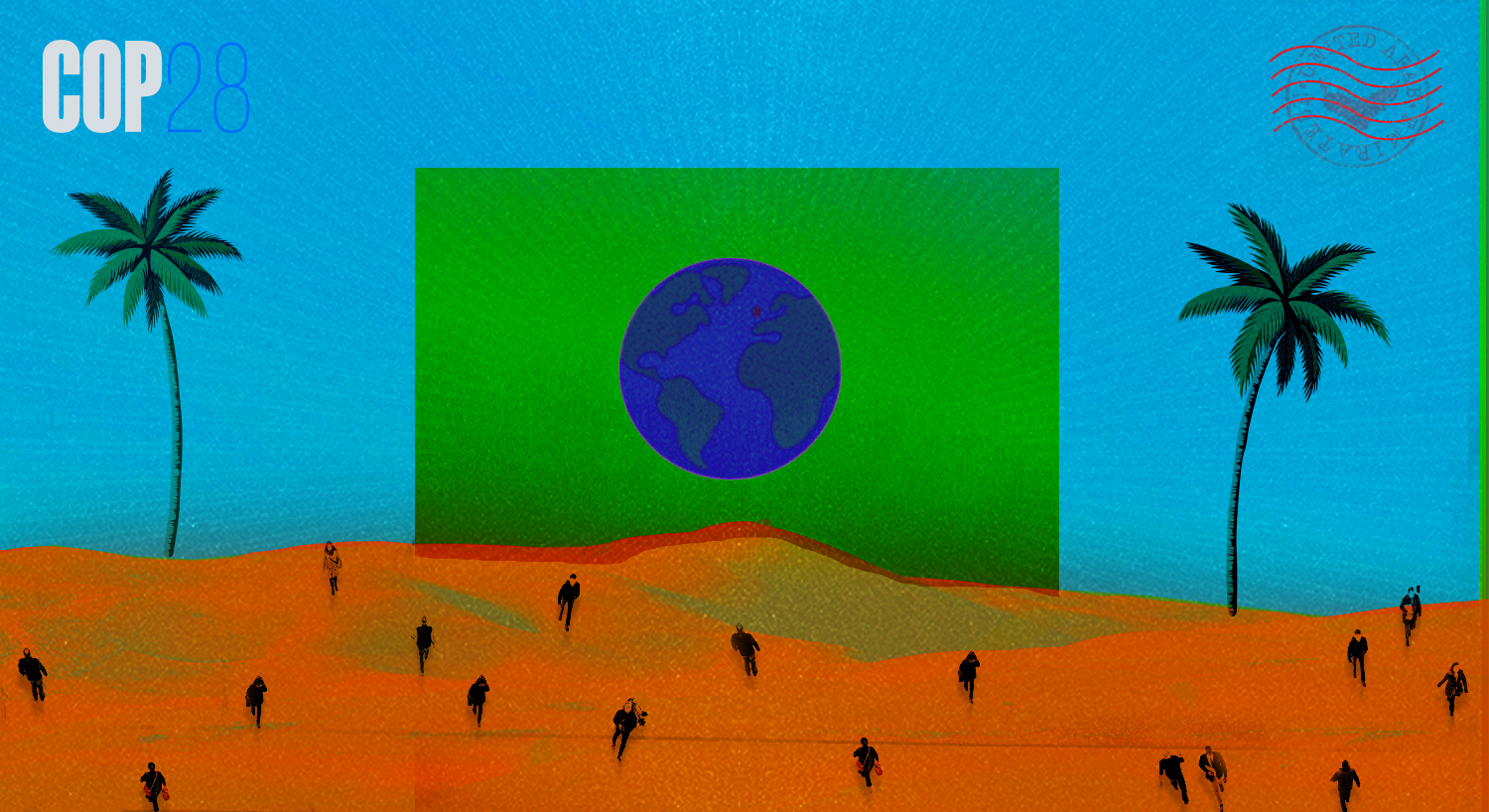 An illustrated Earth rising out of a dessert dotted with businesspeople, with COP28 written in the lefthand corner and a stamp that reads United Arab Emirates in the righthand corner.