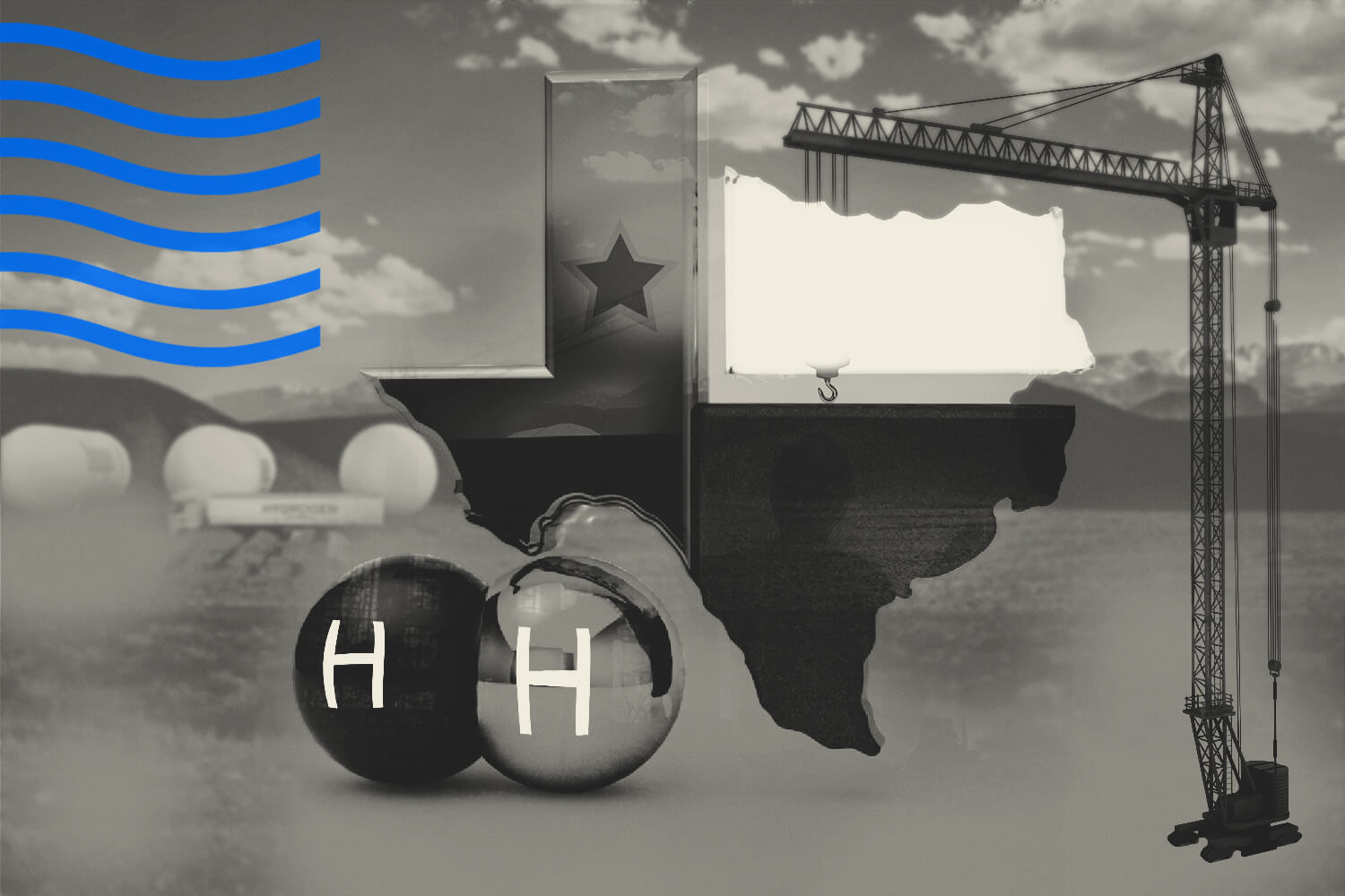 An illustration in black and white with an outline of the state of Texas and two hydrogen molecules, as well as a construction crane and hydrogen storage facilities in the background.