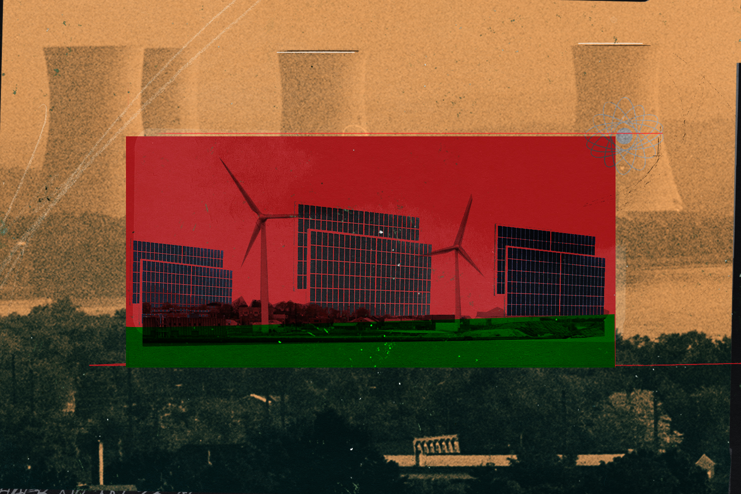 Illustration of nuclear energy plant, wind turbines and solar panels.