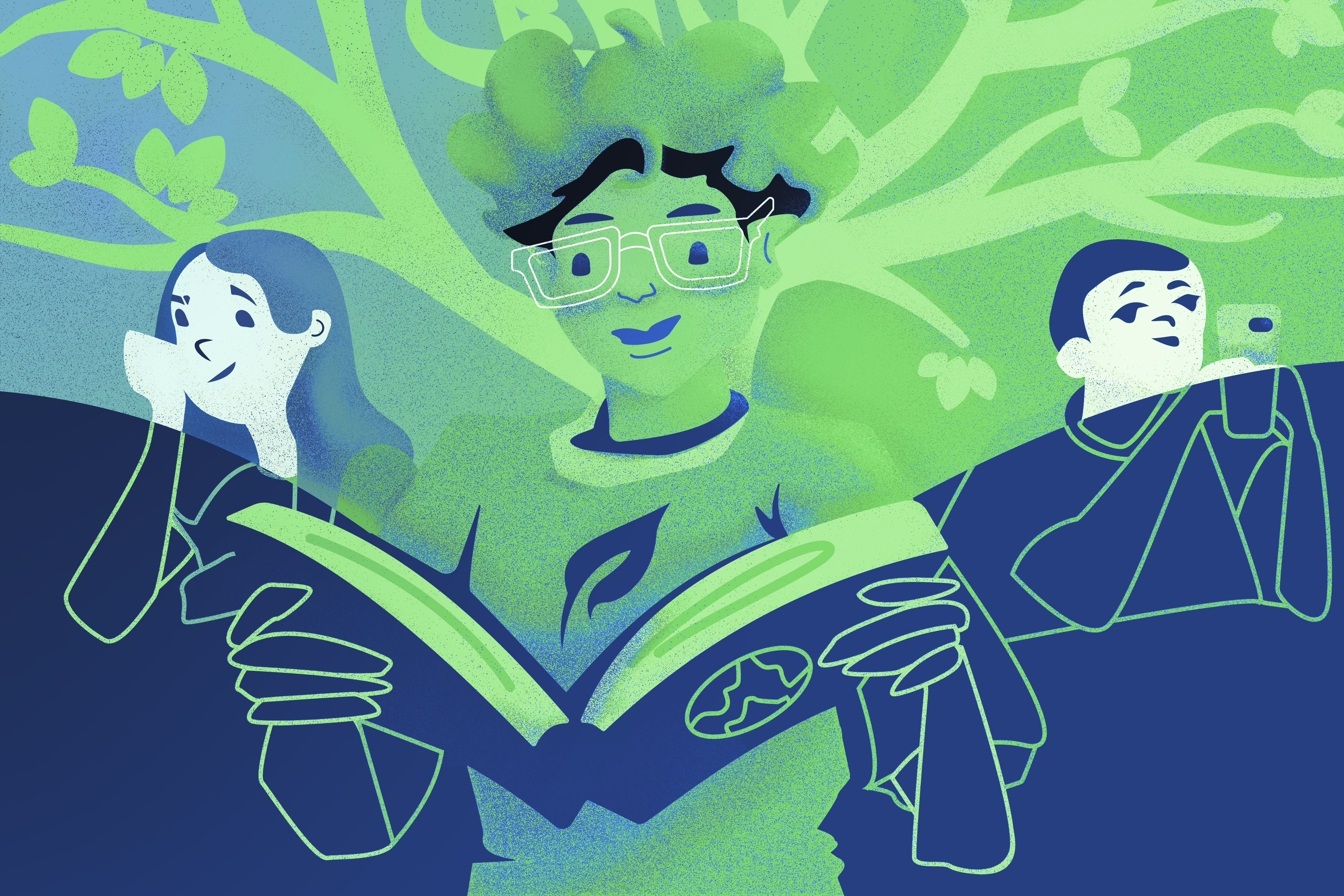 Green and blue illustration of a boy holding up a book with an earth on it, with a tree coming out of it. 