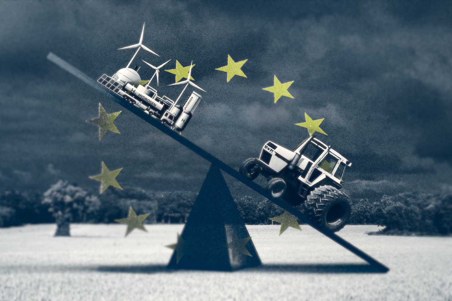 A see saw with a wind-powered hydrogen plant on one side and a tractor on the other, with the stars of the European Union behind it.