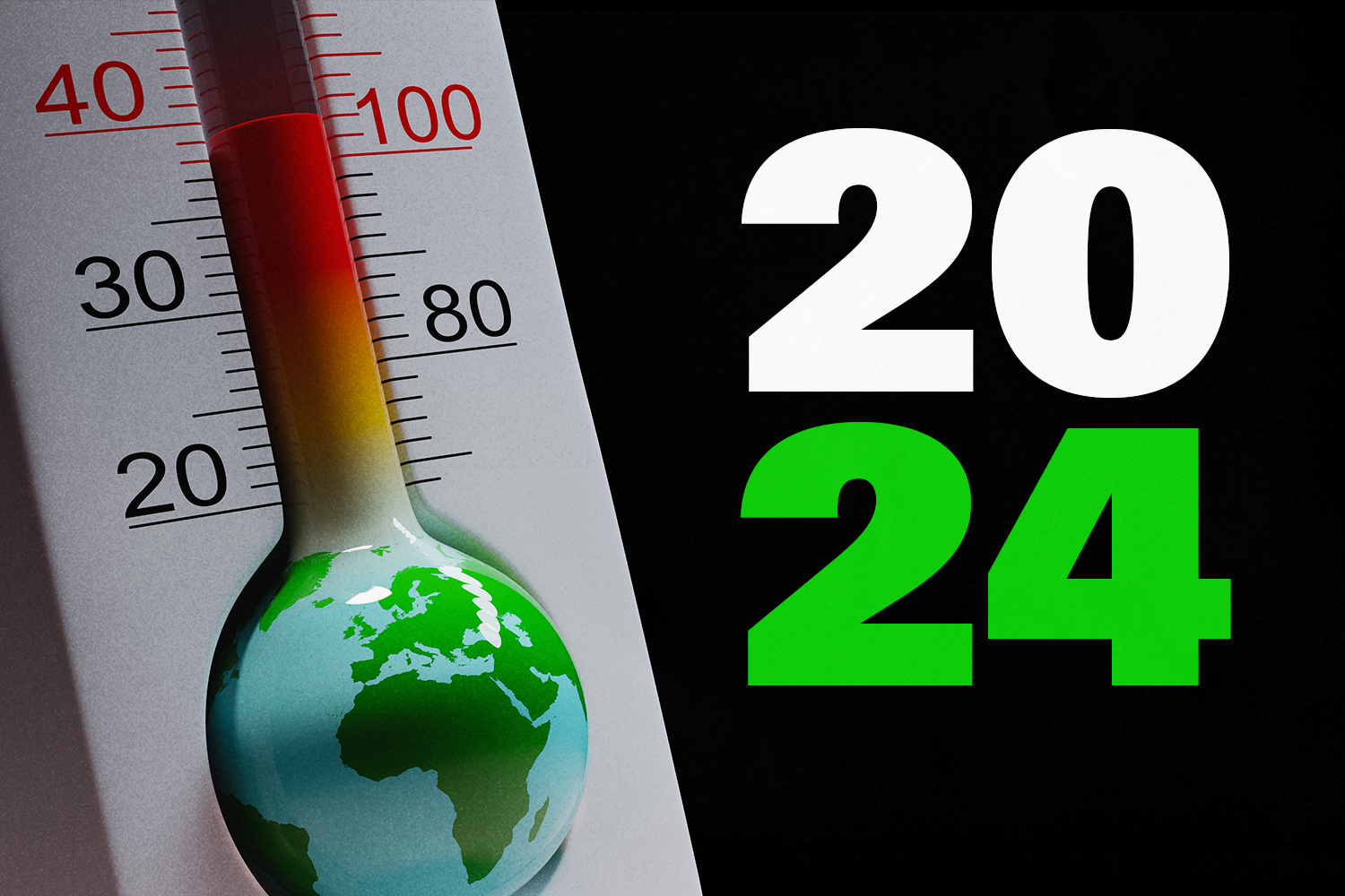 A thermometer with a globe at the end of it and the 2024 written next to it on a black backdrop.