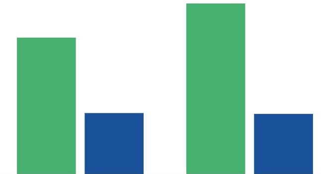 Four bars in a bar chart with no labels, two green and two blue.