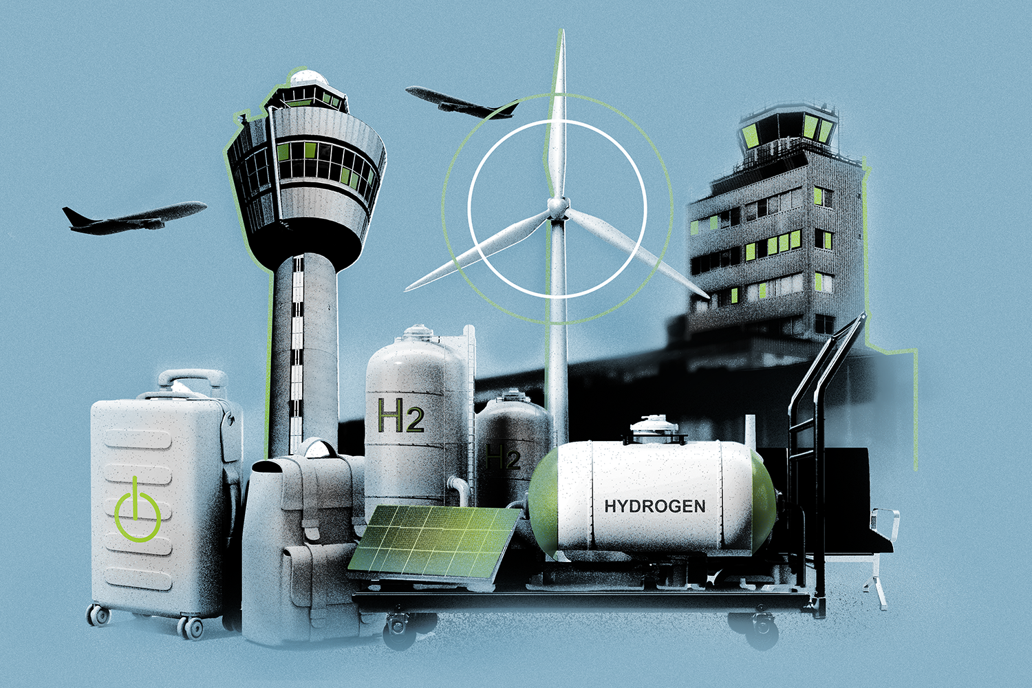 Collage image of airport symbols and clean energy highlighted in green on a blue background.