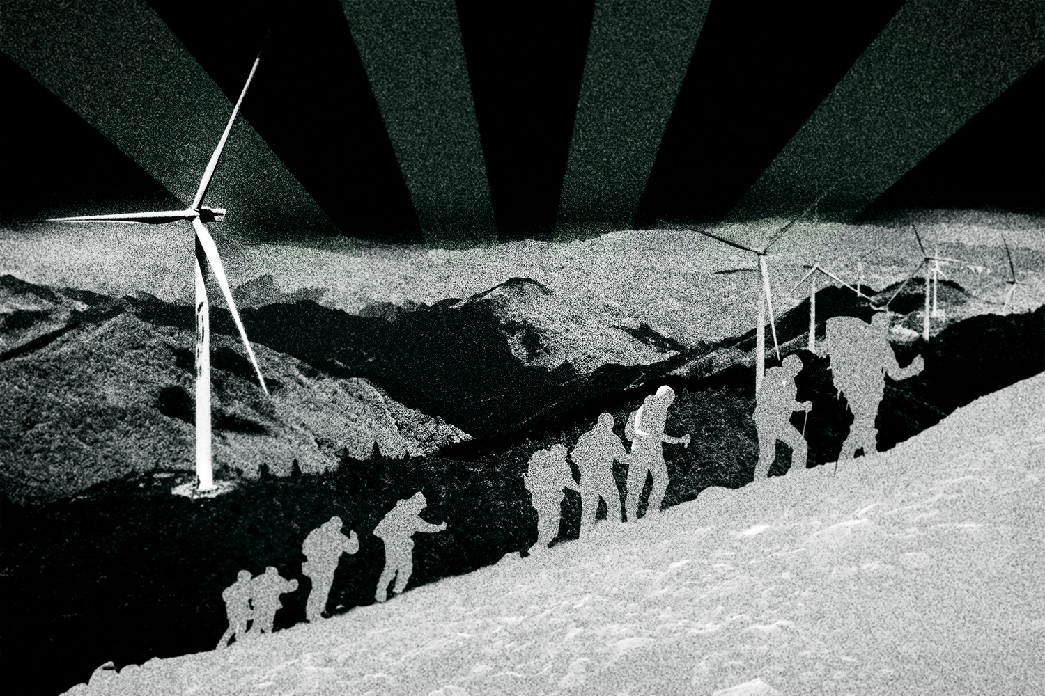 Illustration of hikers in the foreground with wind turbines in the background.