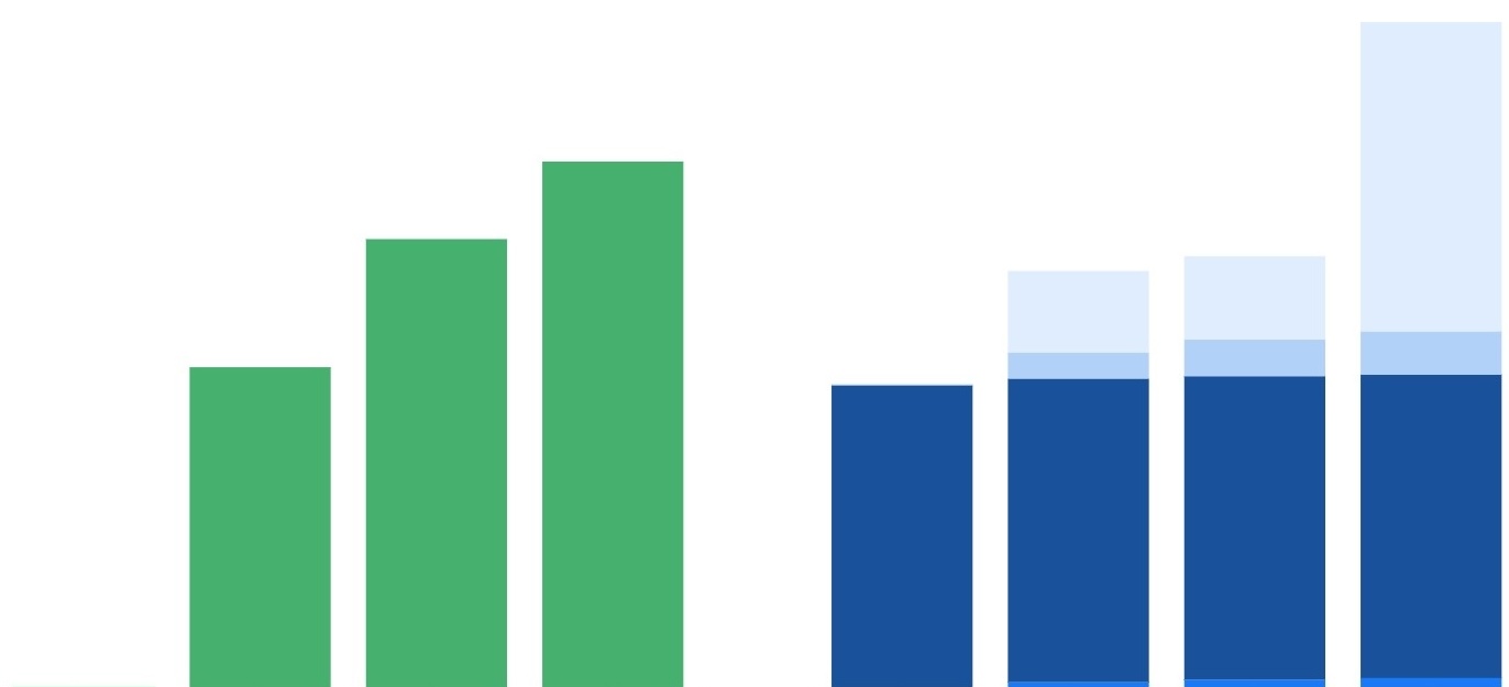Green and blue bar charts side by side.