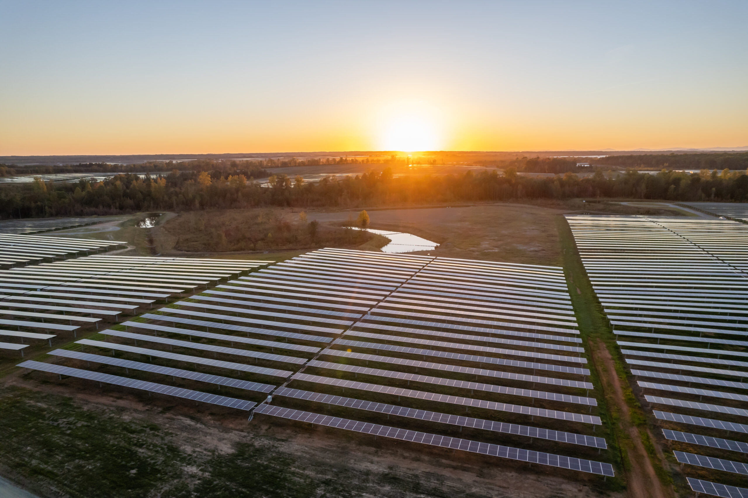 A field of solar panels at sunset. 