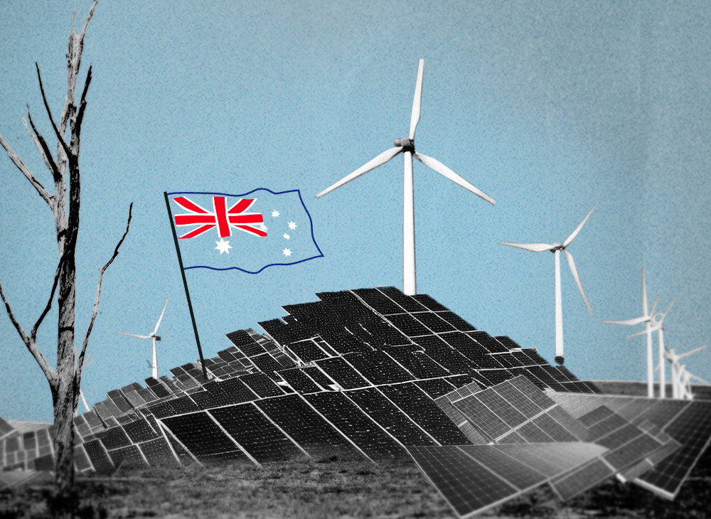 Illustration with a light blue background, showing a mountain of solar panels and wind turbines with an Australian flag sticking out of the renewable energy mountain.