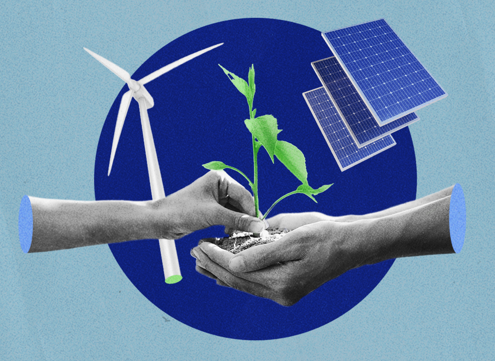 Illustration with a blue background and a dark blue circle, in front of which are two hands planting a small plant along with a floating wind turbine and a solar panel.