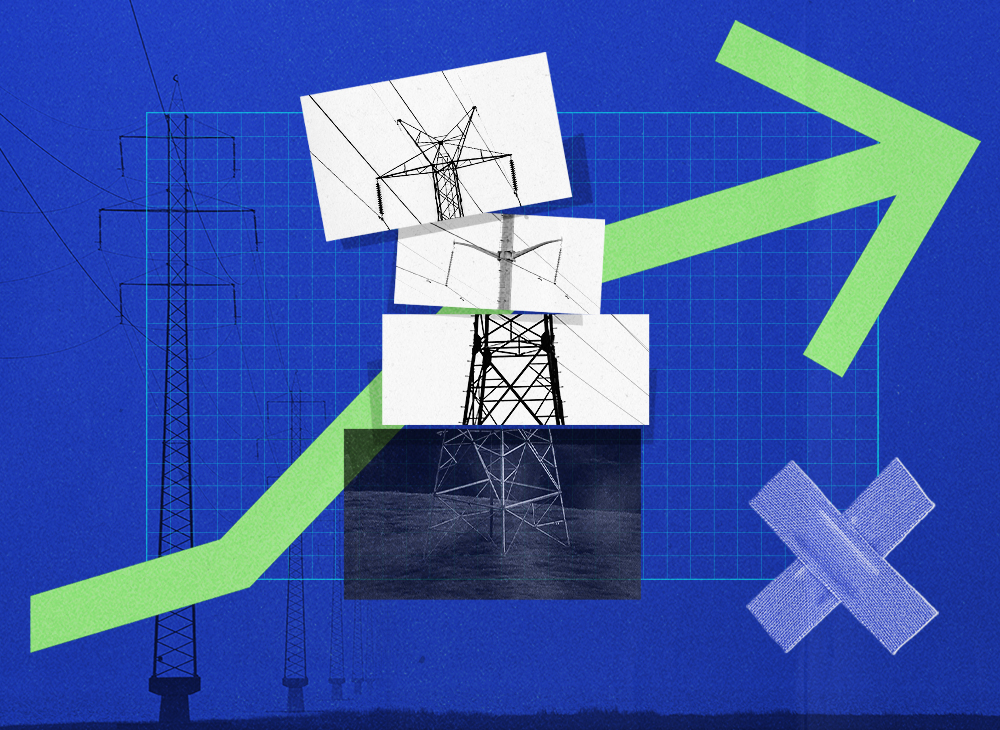 An illustration with a blue background with overlapping pictures of different transmission towers, with a green arrow pointing up and to the right.