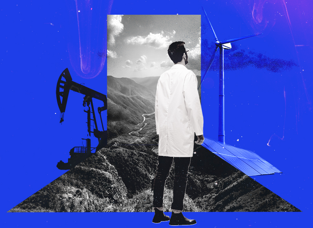 Illustration, scientist stands in front of a deep valley, with a wind turbine and solar panels on one side and an oil rig on the other. Blue background.