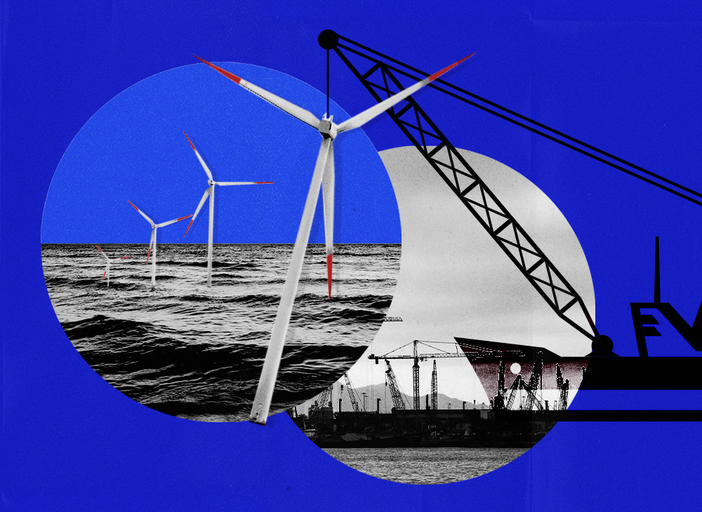 Illustration with a blue background showing photos of offshore wind turbines being installed and a large ship docked at a port surrounded by tall cranes.