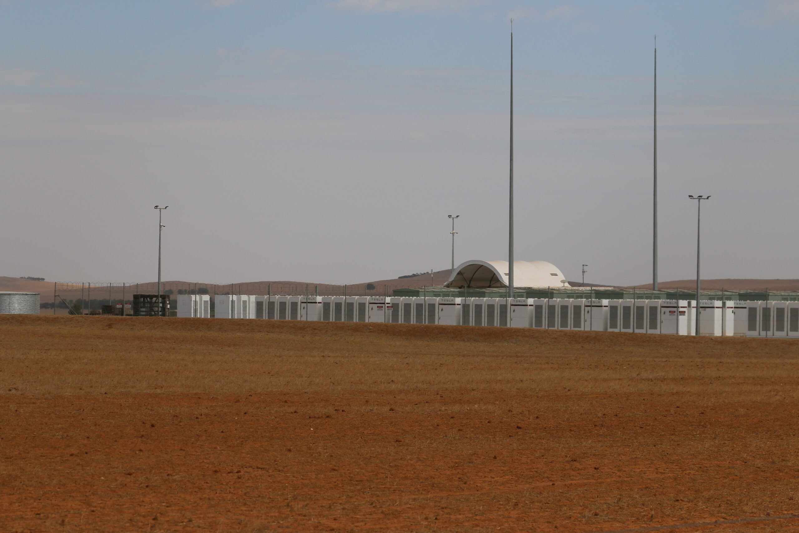 An exterior shot of a large battery storage facility in Australia. 