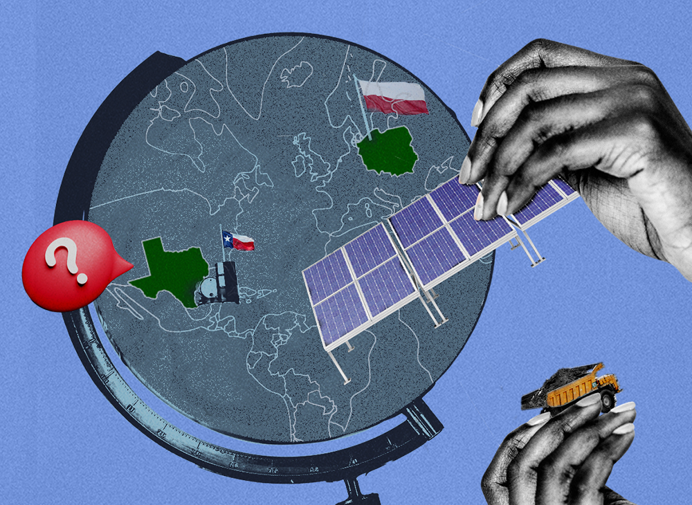 Illustration of a globe with Texas and Poland emphasized with two hands in front, one holding a solar array and one holding a dump truck filled with coal.