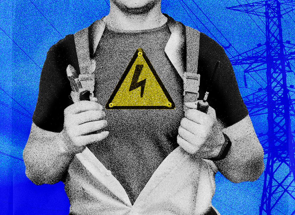 Illustration of an electrician with a lightning bolt insignia on his chest.