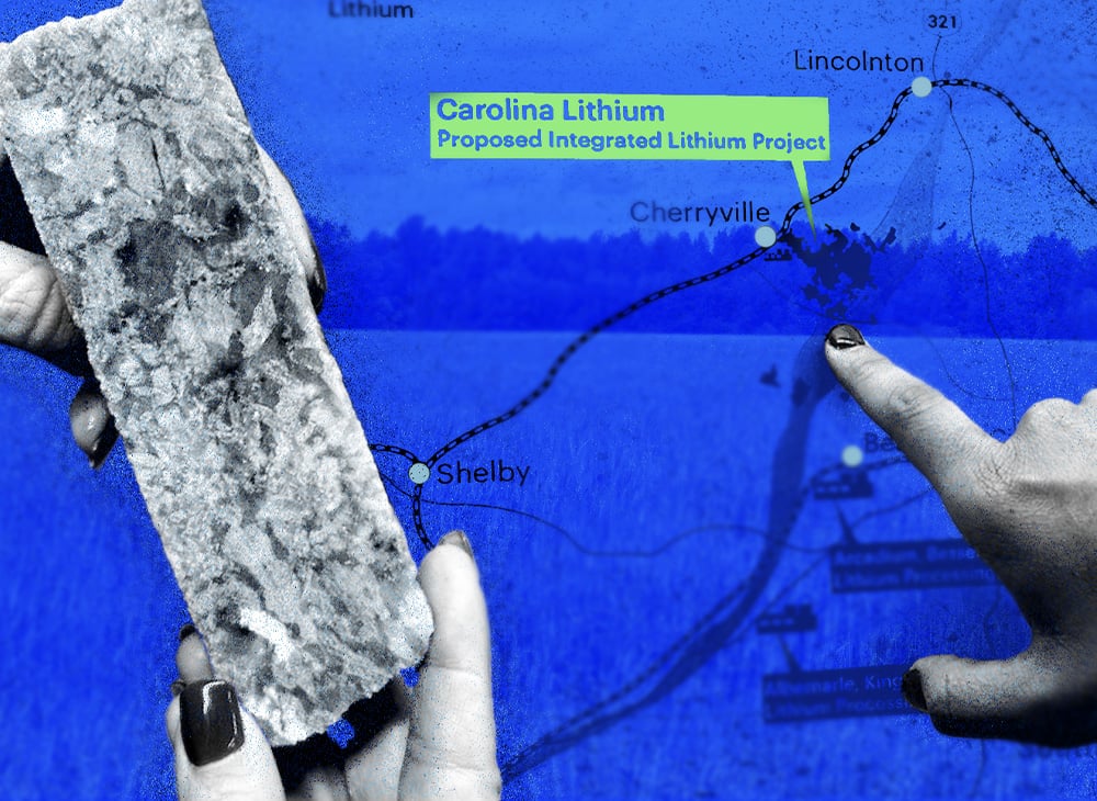 An illustration showing a map of a region in North Carolina where there is a proposed lithium mine and someone holding up a rock containing lithium.