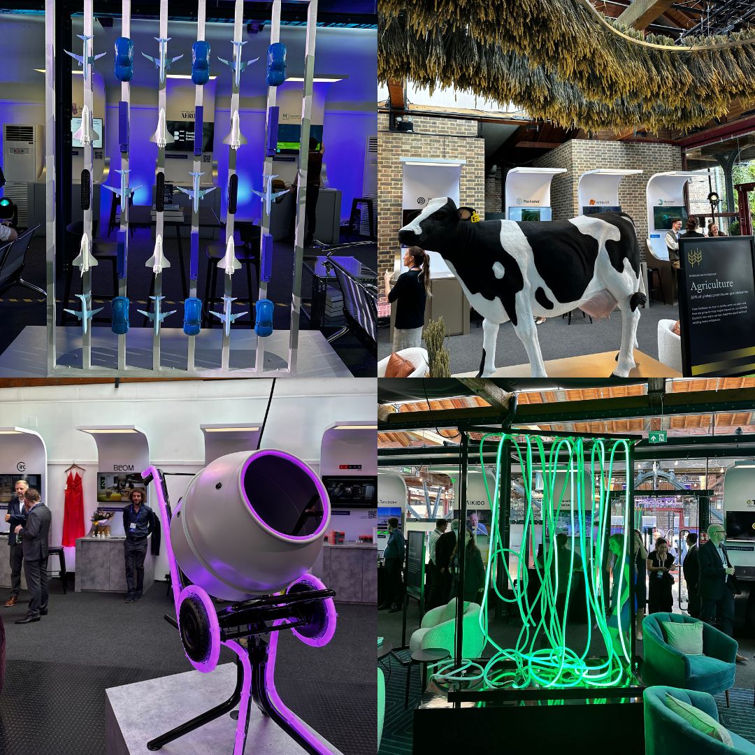 A grid of four photographs. One shows mini planes and trains and cars. One shows a life-sized toy cow. One shows a bunch of power cables lit green. And one shows a cement mixer outlined in neon purple lights.