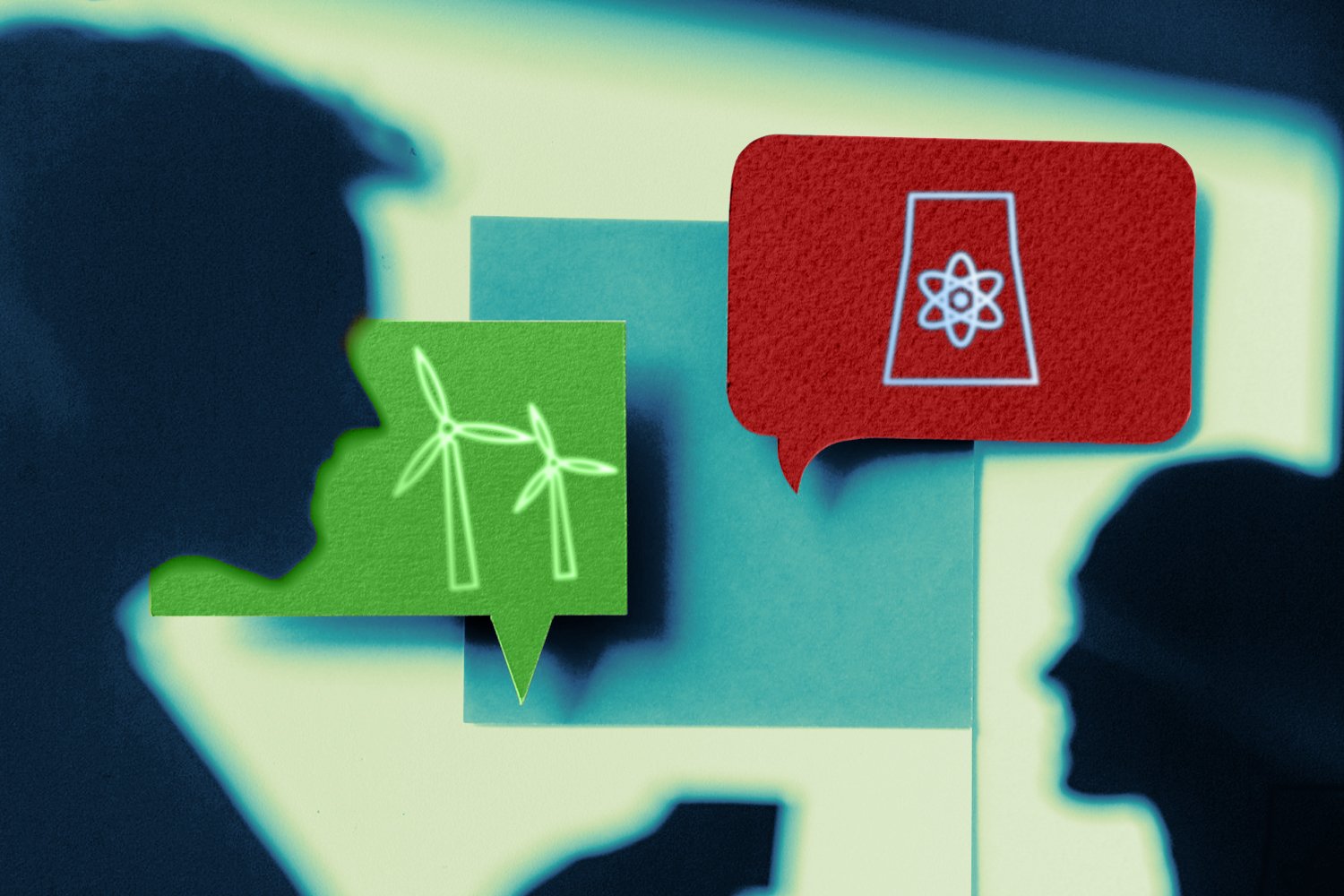 Illustration showing two silhouettes talking to one another with a green and a red speech bubble coming out of each head, one with wind turbines and the other with a nuclear plant drawn on it.