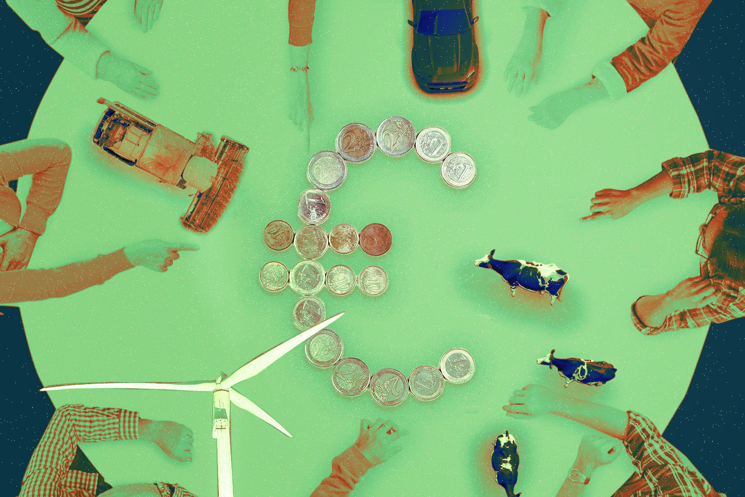 Illustration of people gathered around a table from above, table is green and holds little objects like a euro symbol made of coins, mini cows, a toy car, a toy tractor, and a small wind turbine. The hands around the table are all pointing at different objects.