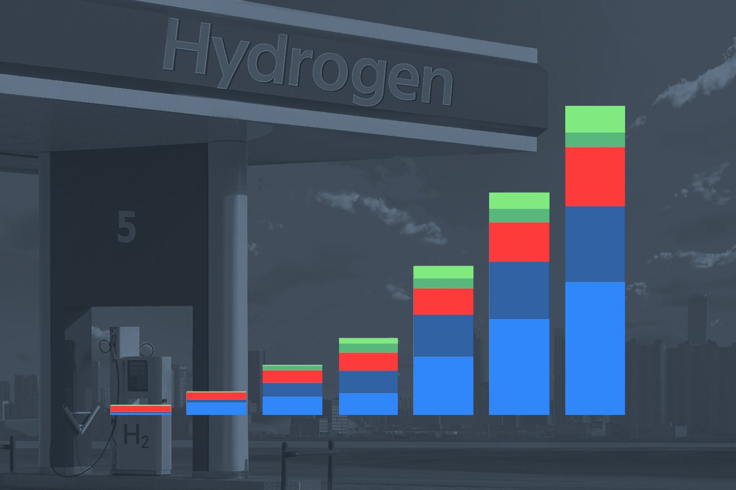An illustration of a bar chart imposed over a hydrogen fuel station