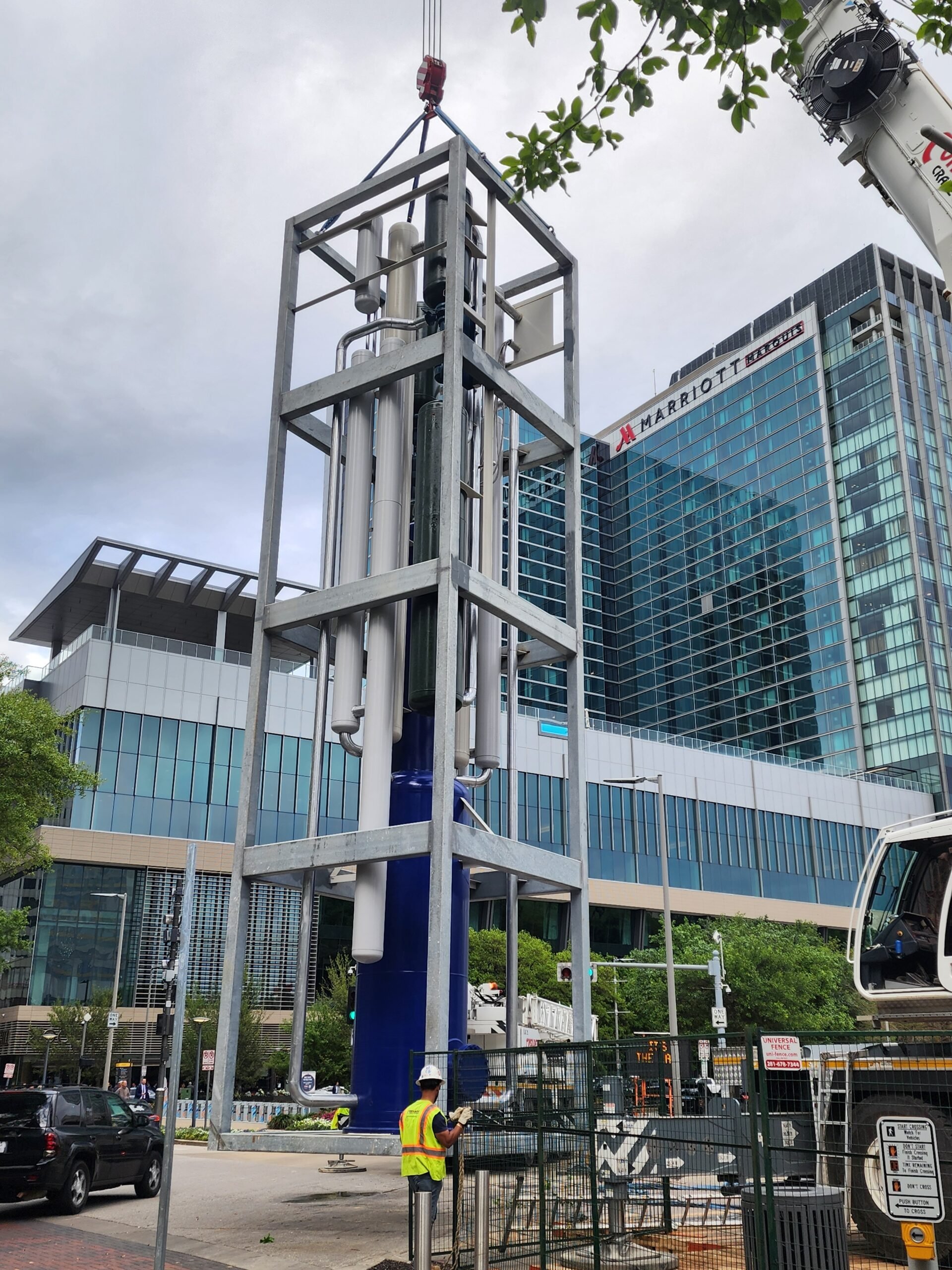 Photo of the Last Energy microreactor being displayed in Houston outside of a Marriott Hotel as part of an energy conference.