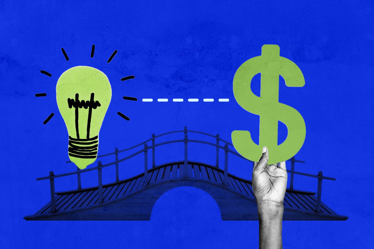 An illustration that shows a bridge with a lightning bulb on one side and a dollar sign on the other.