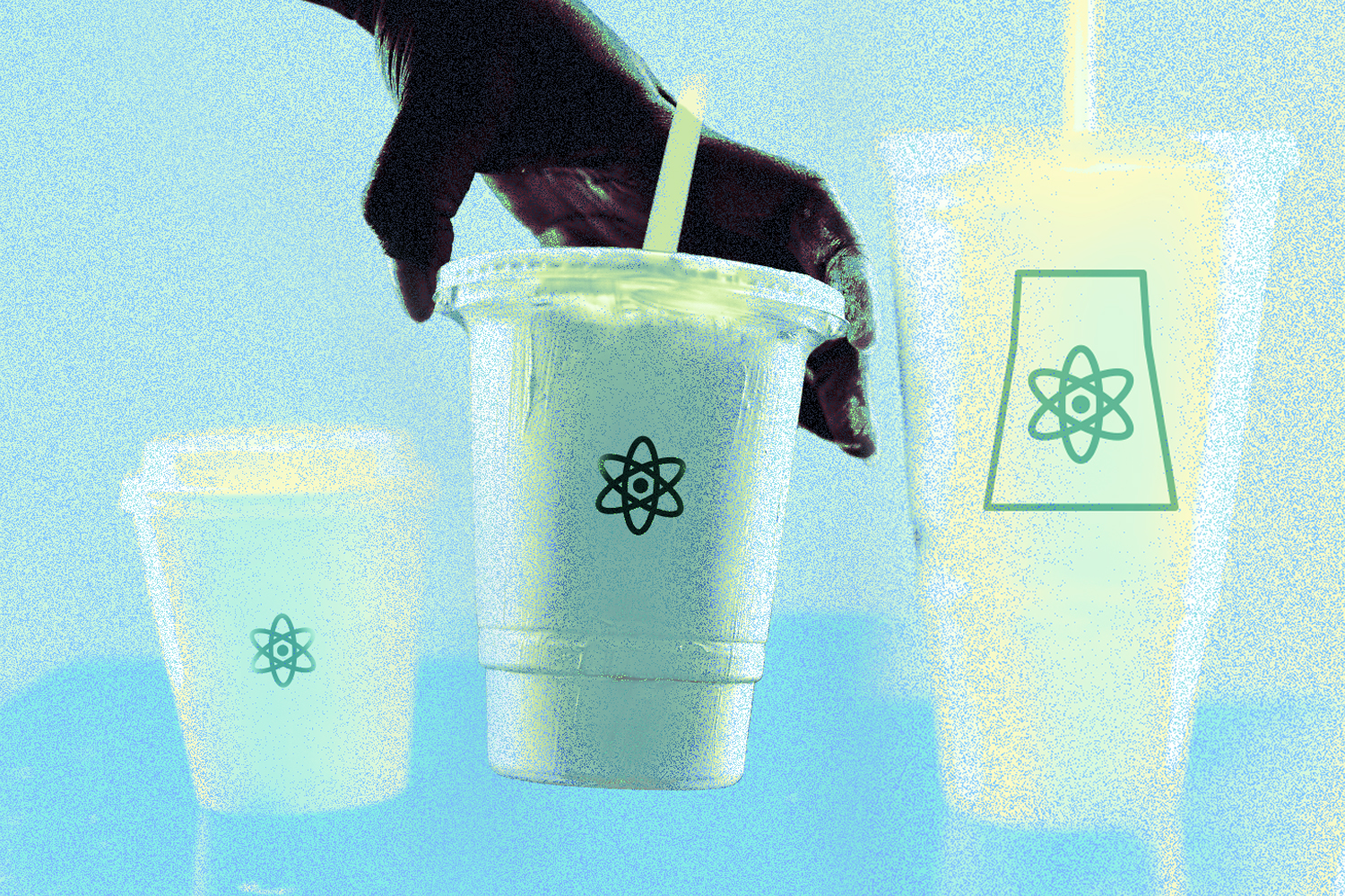 A hand from above reaches down and selects the medium size of three cups; there is also one small and one large, and they all have a nuclear power symbol on them.