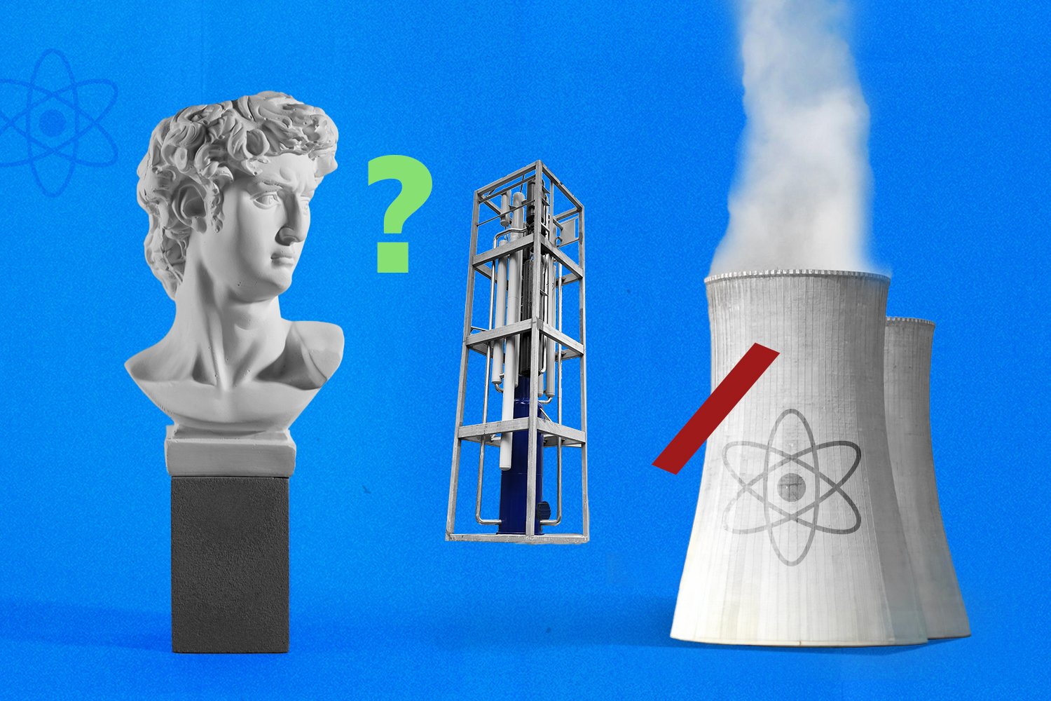 An illustration with a blue background showing a renaissance statue and two types of nuclear reactors.