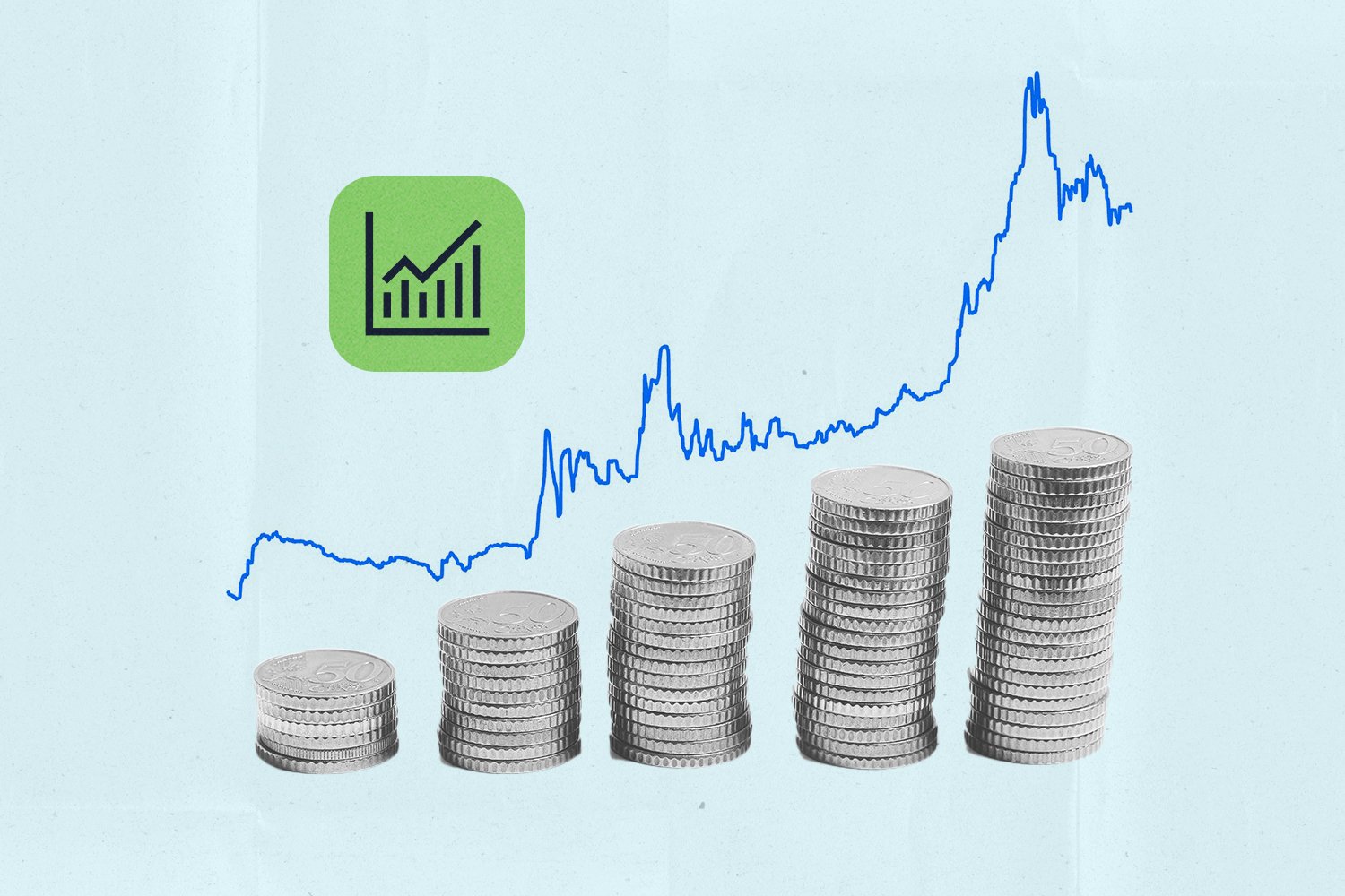 An illustration of a line chart with coins stacked up underneath it.