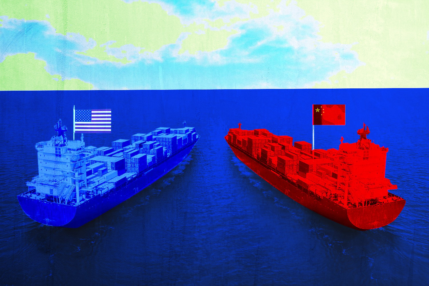 Illustration of two ships, one blue with an American flag, one red with a Chinese flag. In the sky, the clouds are slightly green and shaped like the continents of the Earth.