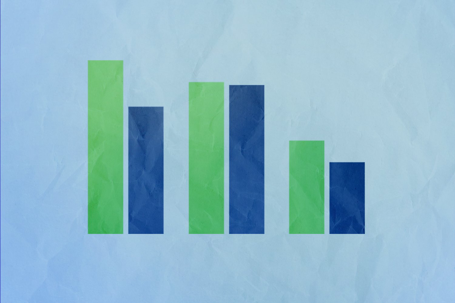 An illustration with a light blue back drop and a bar chart in green and dark blue on top.