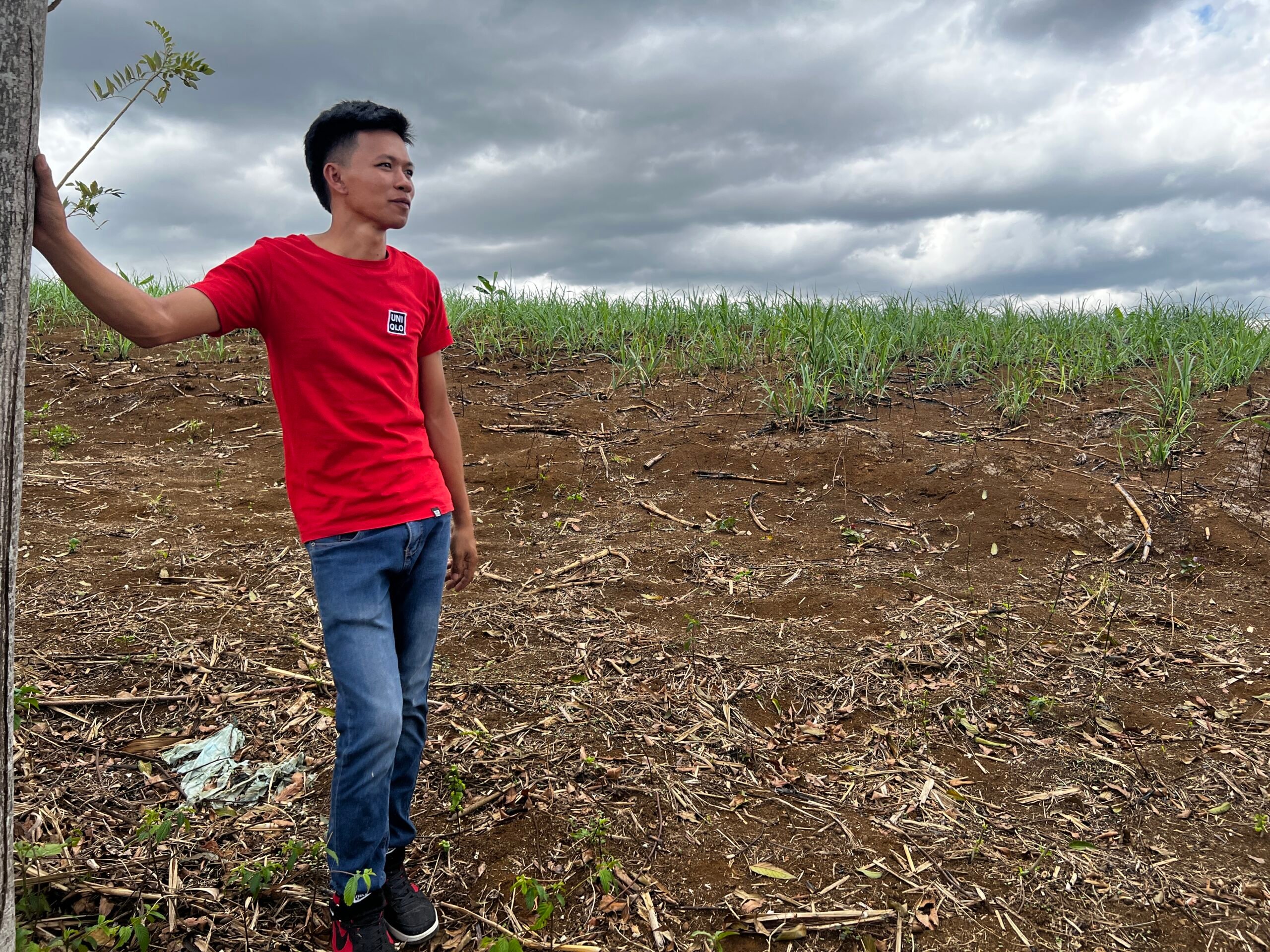 A man in a red tshirt leans against a post and surveys a large brown and green field under a cloudy sky.