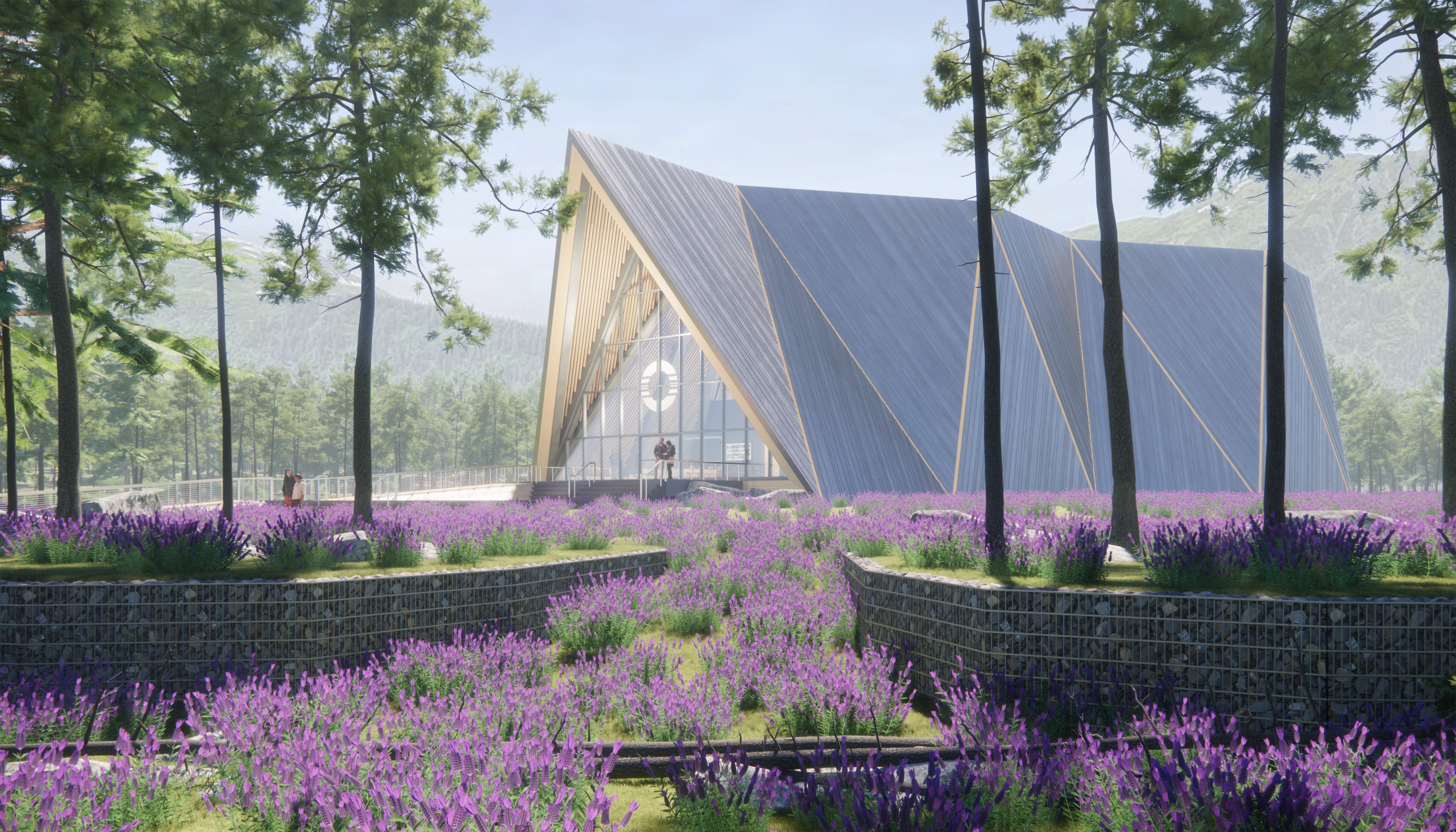 An artist rendering of a futuristic building in a field of purple flowers.