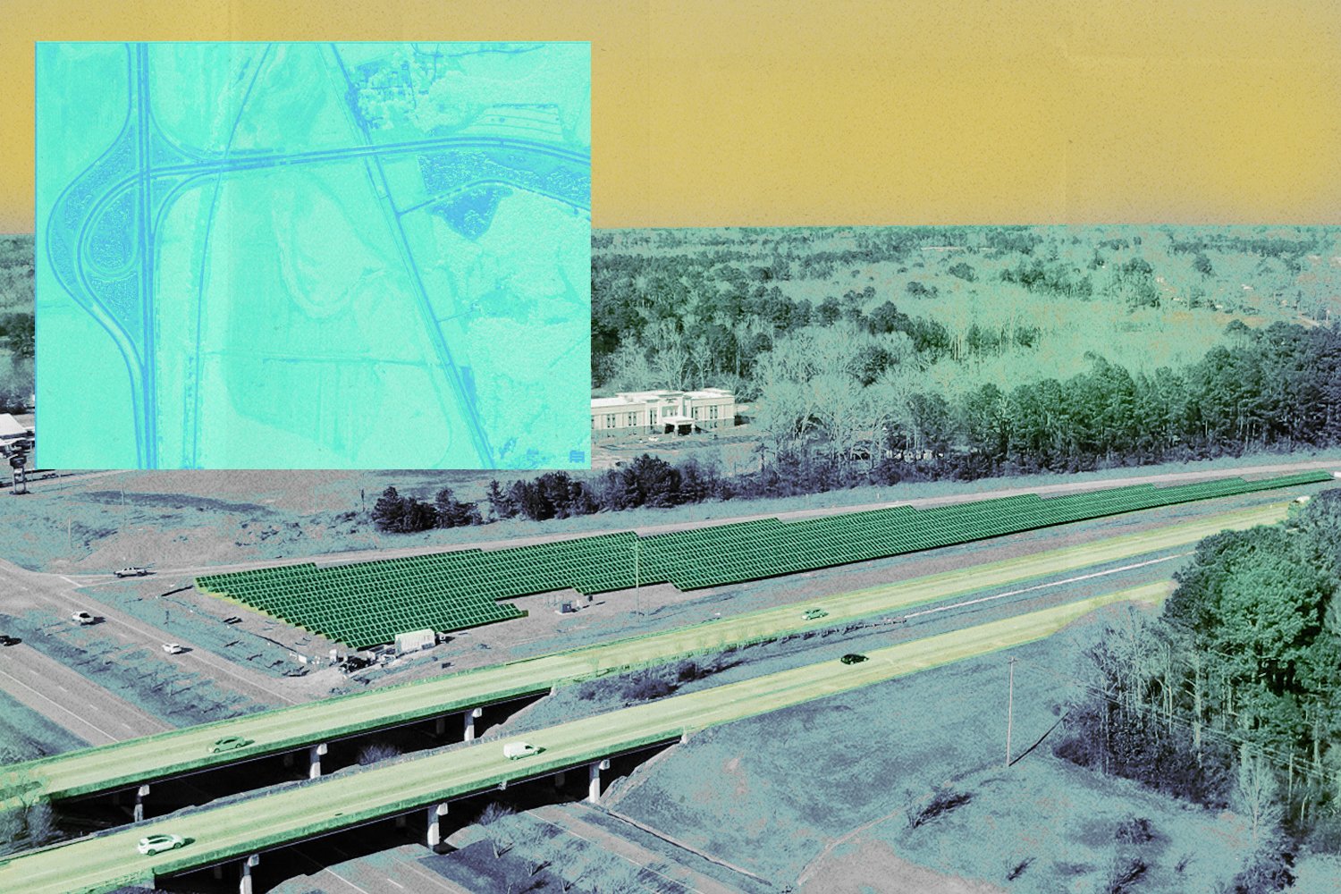 An aerial view of a highway with solar panels next to it, with a map of the highway intersection superimposed on top of it.