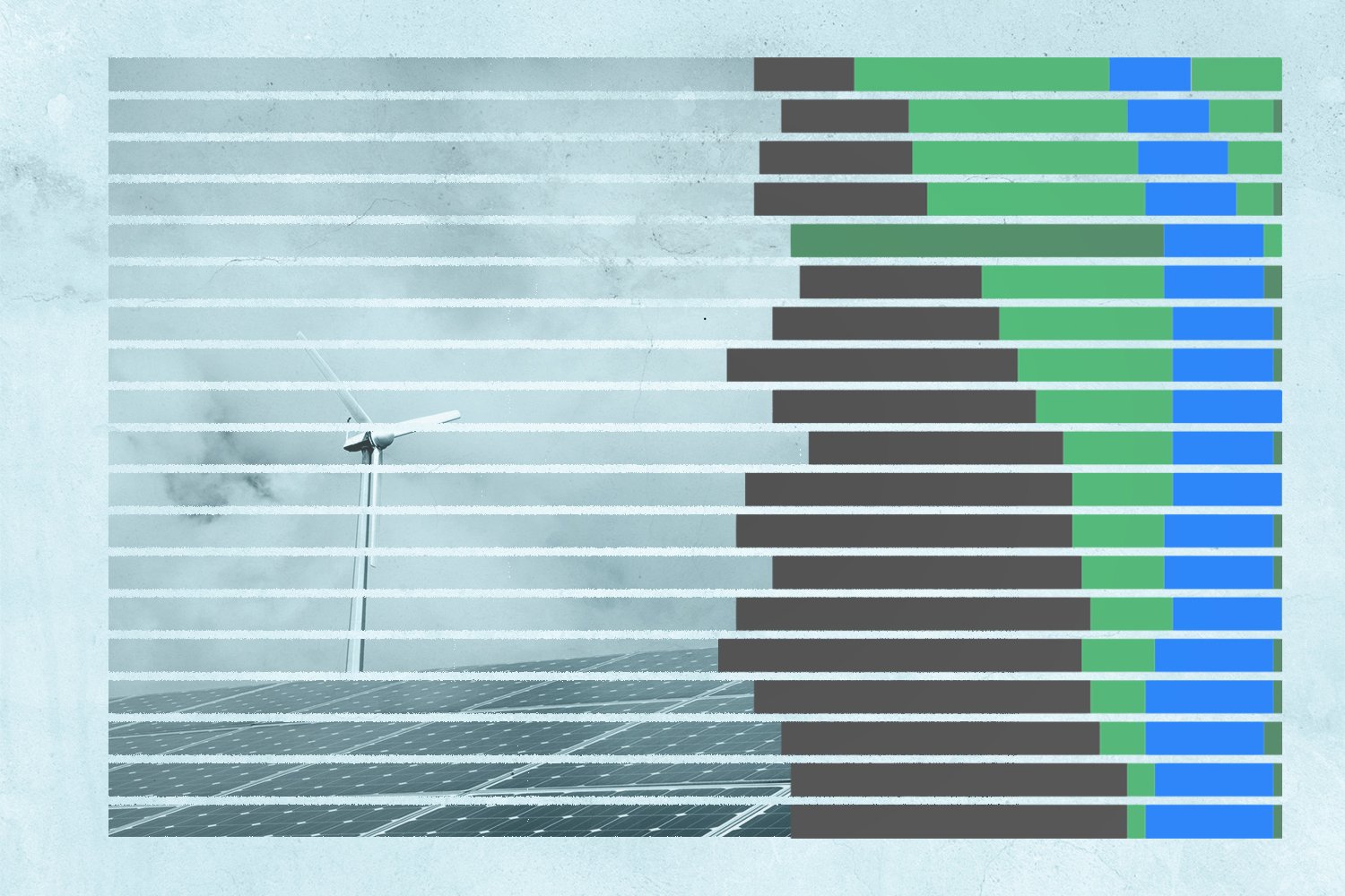 A bar chart superimposed on top of an illustration of a wind turbine and a solar panel.