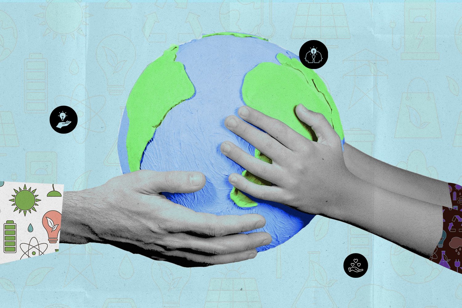 Illustration of two sets of hands holding up a globe.