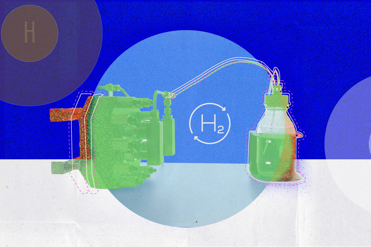 An illustration with a blue background showing a contraption in green in the foreground that has an electronic-looking device on the left and a bottle on the right, the two are connected by a thin tube and there's 