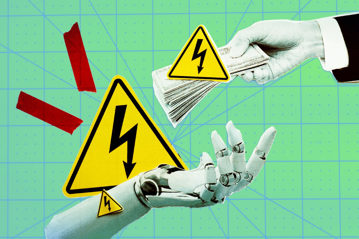 An illustration with a green background, electricity warning signs in yellow, a human hand extending a wad of cash and a robotic hand reaching to take the cash.