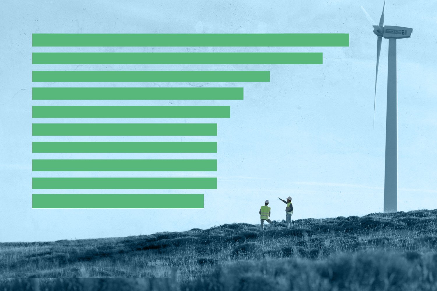 Illustration with a green bar chart overlaid on top of a photo of two people standing by a large wind turbine in a field.