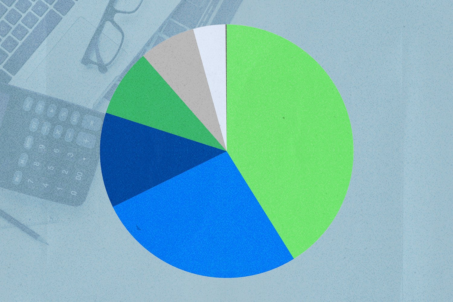 Illustration of a pie chart on top of a calculator and a computer.