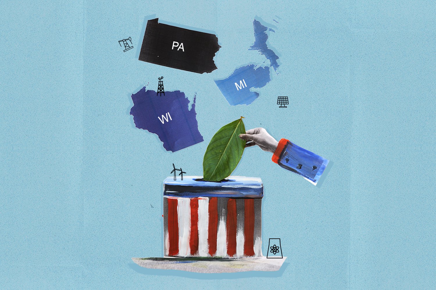 An illustration of the states of Michigan, Wisconsin and Pennsylvania above a ballot box where a hand is submitting a green leaf.