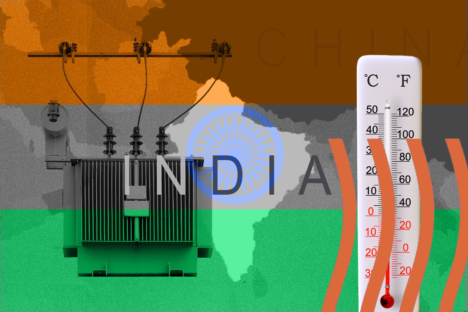 Illustration of an electrical transformer box in front of an Indian flag, a map of the subcontinent and the word 