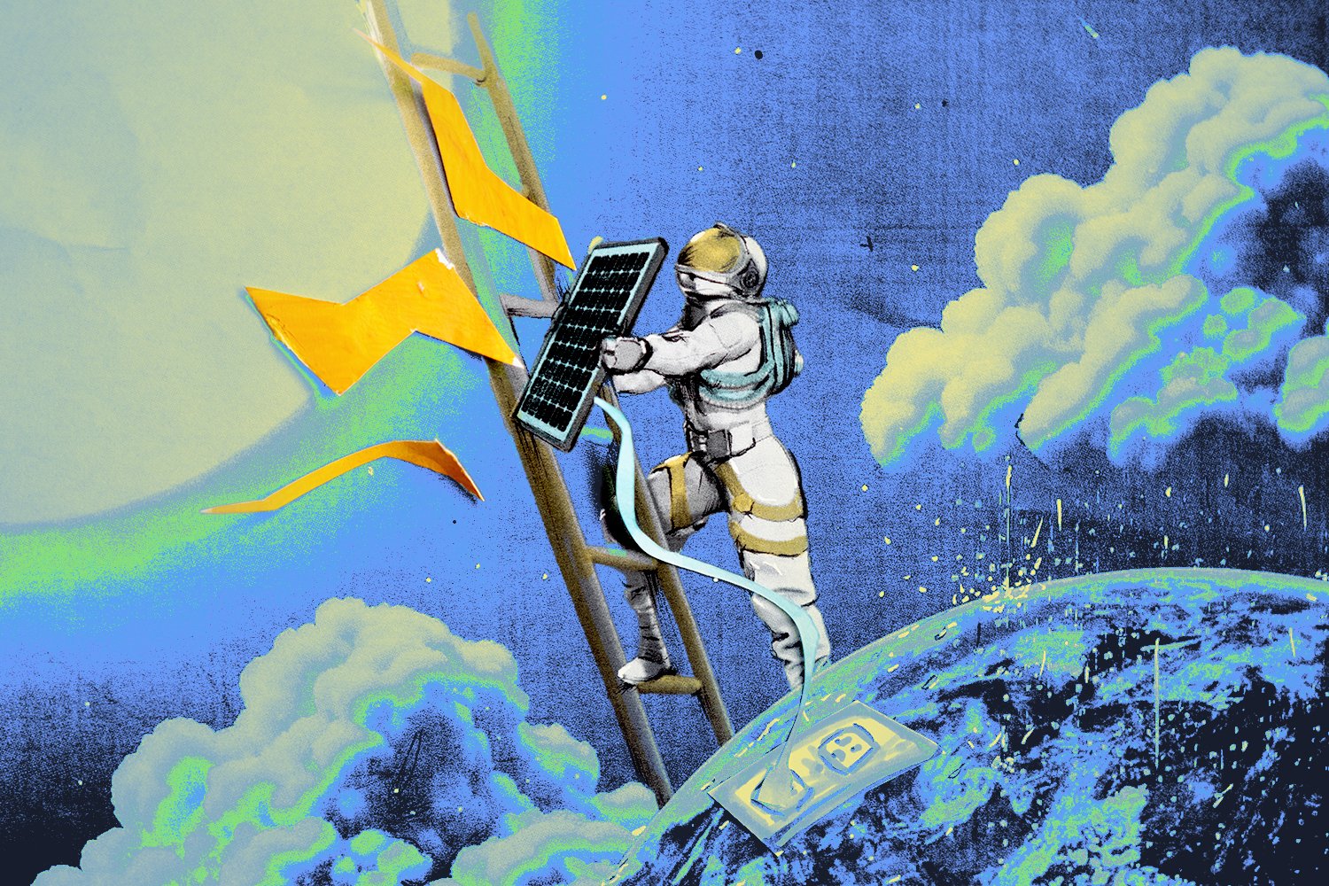 An illustration of an astronaut of a ladder up into space from the surface of Earth, holding up a solar panel to get the rays of the sun. The solar panel is plugged into a plug on the surface of Earth.